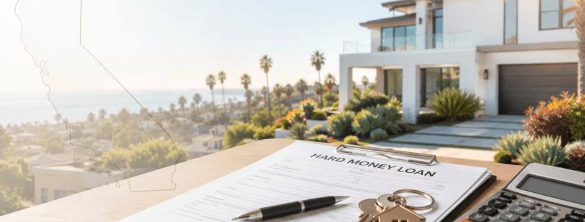 hard money loan documents on a table with a california house backdrop