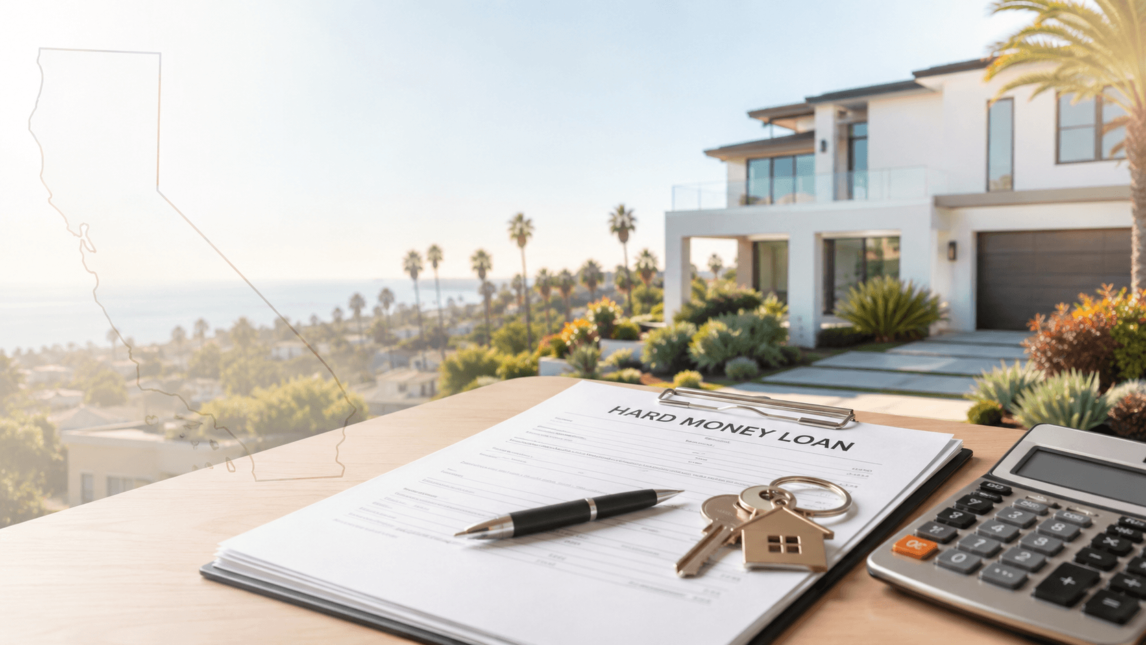 hard money loan documents on a table with a california house backdrop